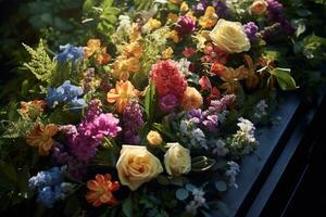 Colorful flowers on the grave in the cemetery, funeral concept. AI generated photo