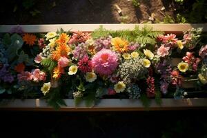 vistoso flores en el tumba en el cementerio, funeral concepto. ai generado foto