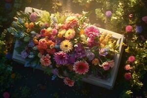 Colorful flowers on the grave in the cemetery, funeral concept. AI generated photo