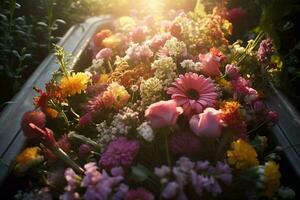 Colorful flowers on the grave in the cemetery, funeral concept. AI generated photo