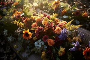 Colorful flowers on the grave in the cemetery, funeral concept. AI generated photo