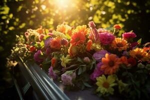 Colorful flowers on the grave in the cemetery, funeral concept. AI generated photo