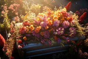 Colorful flowers on the grave in the cemetery, funeral concept. AI generated photo