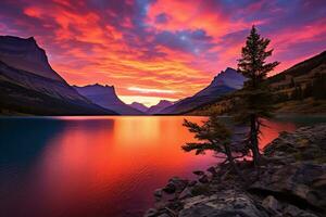 Majestic sunset in Glacier National Park, Montana, USA. AI generated photo