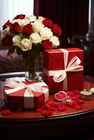 Romantic dinner setting with red roses and gift box on table.Valentine's Day Concept AI generated photo