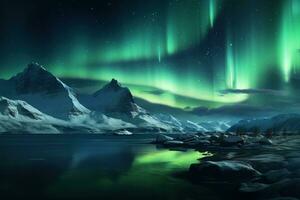 Aurora borealis en Islandia con nieve cubierto montañas y reflexión ai generado foto