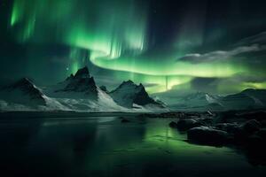 Aurora borealis in Iceland with snow covered mountains and reflection AI generated photo