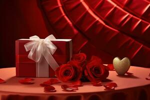 Romantic dinner setting with red roses and gift box on table.Valentine's Day Concept AI generated photo