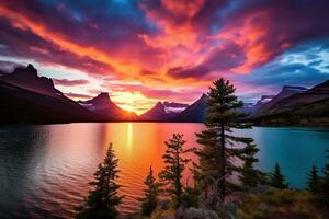 Majestic sunset in Glacier National Park, Montana, USA. AI generated photo