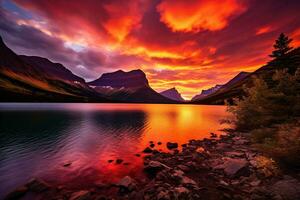 Majestic sunset in Glacier National Park, Montana, USA. AI generated photo