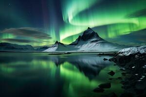 Aurora borealis in Iceland with snow covered mountains and reflection AI generated photo