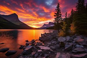 Majestic sunset in Glacier National Park, Montana, USA. AI generated photo