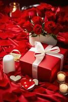 Romantic dinner setting with red roses and gift box on table.Valentine's Day Concept AI generated photo