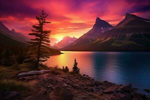 Majestic sunset in Glacier National Park, Montana, USA. AI generated photo