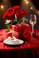 Romantic dinner setting with red roses and gift box on table.Valentine's Day Concept AI generated photo