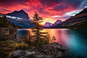 majestuoso puesta de sol en glaciar nacional parque, Montana, EE.UU. ai generado foto