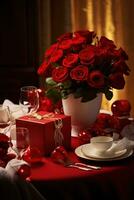 Romantic dinner setting with red roses and gift box on table.Valentine's Day Concept AI generated photo