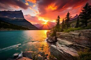 Majestic sunset in Glacier National Park, Montana, USA. AI generated photo