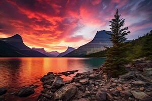 Majestic sunset in Glacier National Park, Montana, USA. AI generated photo