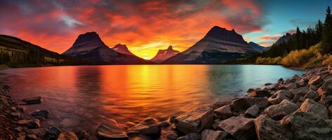 Majestic sunset in Glacier National Park, Montana, USA. AI generated photo