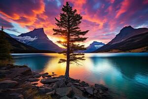 Sunset over Glacier National Park, Montana, United States of America AI generated photo