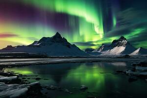 Aurora borealis in Iceland with snow covered mountains and reflection AI generated photo