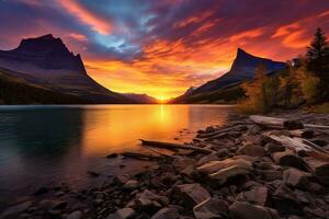 puesta de sol terminado glaciar nacional parque, Montana, unido estados de America ai generado foto