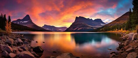 puesta de sol terminado glaciar nacional parque, Montana, unido estados de America ai generado foto