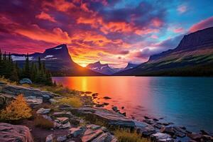 Sunset over Glacier National Park, Montana, United States of America AI generated photo