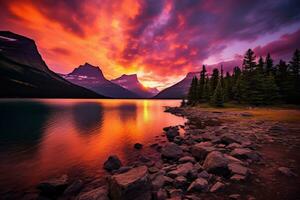 puesta de sol terminado glaciar nacional parque, Montana, unido estados de America ai generado foto