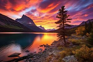 puesta de sol terminado glaciar nacional parque, Montana, unido estados de America ai generado foto