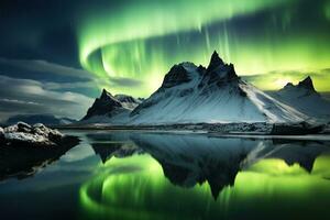 Aurora borealis en Islandia con nieve cubierto montañas y reflexión ai generado foto