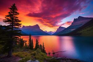 puesta de sol terminado glaciar nacional parque, Montana, unido estados de America ai generado foto