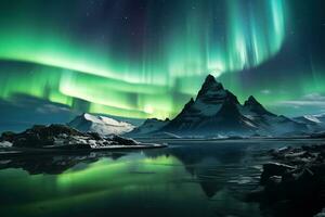 Aurora borealis en Islandia con nieve cubierto montañas y reflexión ai generado foto