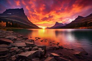 Majestic sunset in Glacier National Park, Montana, USA. AI generated photo