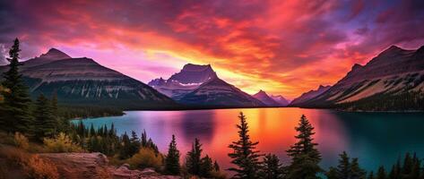 majestuoso puesta de sol en glaciar nacional parque, Montana, EE.UU. ai generado foto