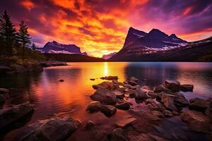 puesta de sol terminado glaciar nacional parque, Montana, unido estados de America ai generado foto