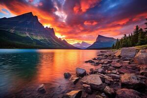 Sunset over Glacier National Park, Montana, United States of America AI generated photo