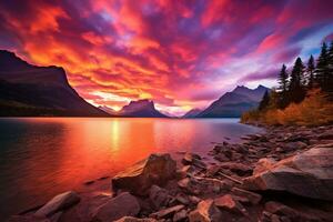 Majestic sunset in Glacier National Park, Montana, USA. AI generated photo