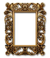 Antique gold frame decoration square shape with elegant carved decoration, isolated on transparent background, generative ai png