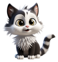 Adorable cute black and white fur cat character on transparent background, generative ai png