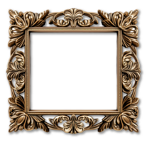 Antique gold frame decoration square shape with elegant carved decoration, isolated on transparent background, generative ai png