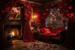 Romantic room interior with pink curtains and red hearts. Valentine's day concept. AI generated photo