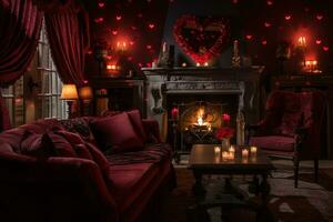 Romantic room interior with pink curtains and red hearts. Valentine's day concept. AI generated photo