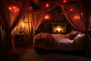 Romantic room interior with pink curtains and red hearts. Valentine's day concept. AI generated photo