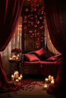 Romantic room interior with pink curtains and red hearts. Valentine's day concept. AI generated photo