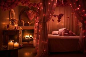 Romantic room interior with pink curtains and red hearts. Valentine's day concept. AI generated photo