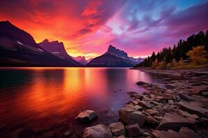 puesta de sol terminado glaciar nacional parque, Montana, unido estados de America ai generado foto