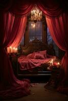 Romantic room interior with pink curtains and red hearts. Valentine's day concept. AI generated photo