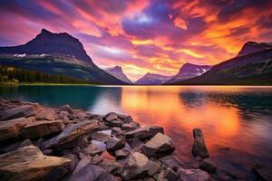 Majestic sunset in Glacier National Park, Montana, USA. AI generated photo